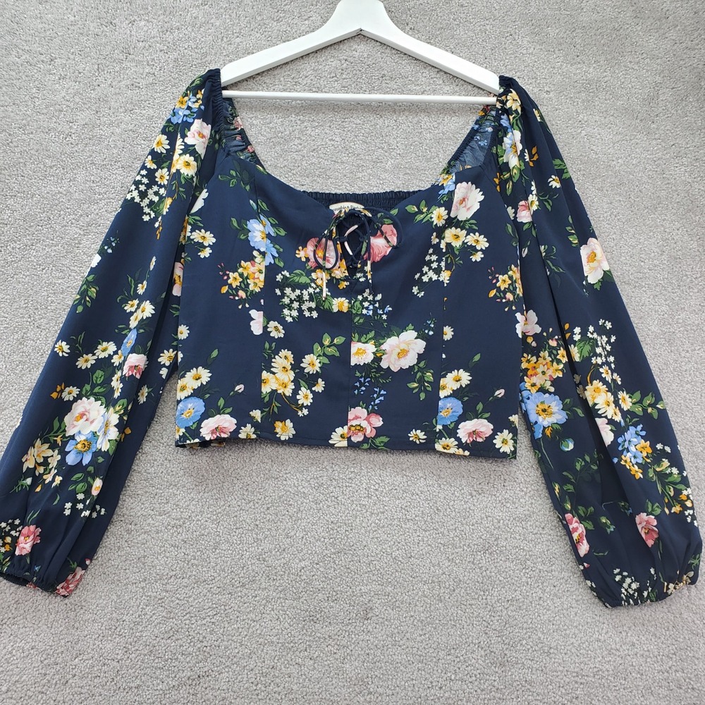 Abercrombie & Fitch Floral Crop Top Womens L Navy Blue Boho Smocked Cottagcore